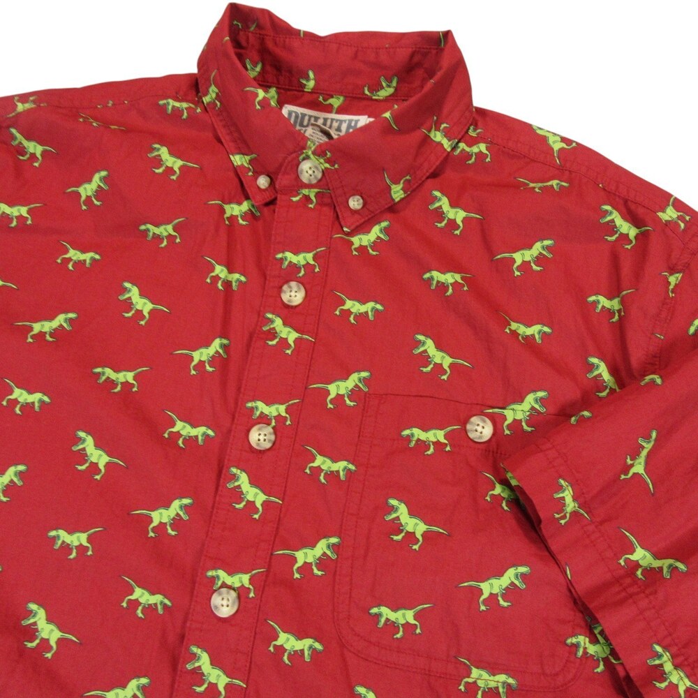 Duluth Trading Co Mens Button Down Shirt L Relaxed Fit Red Allover Dinosaur